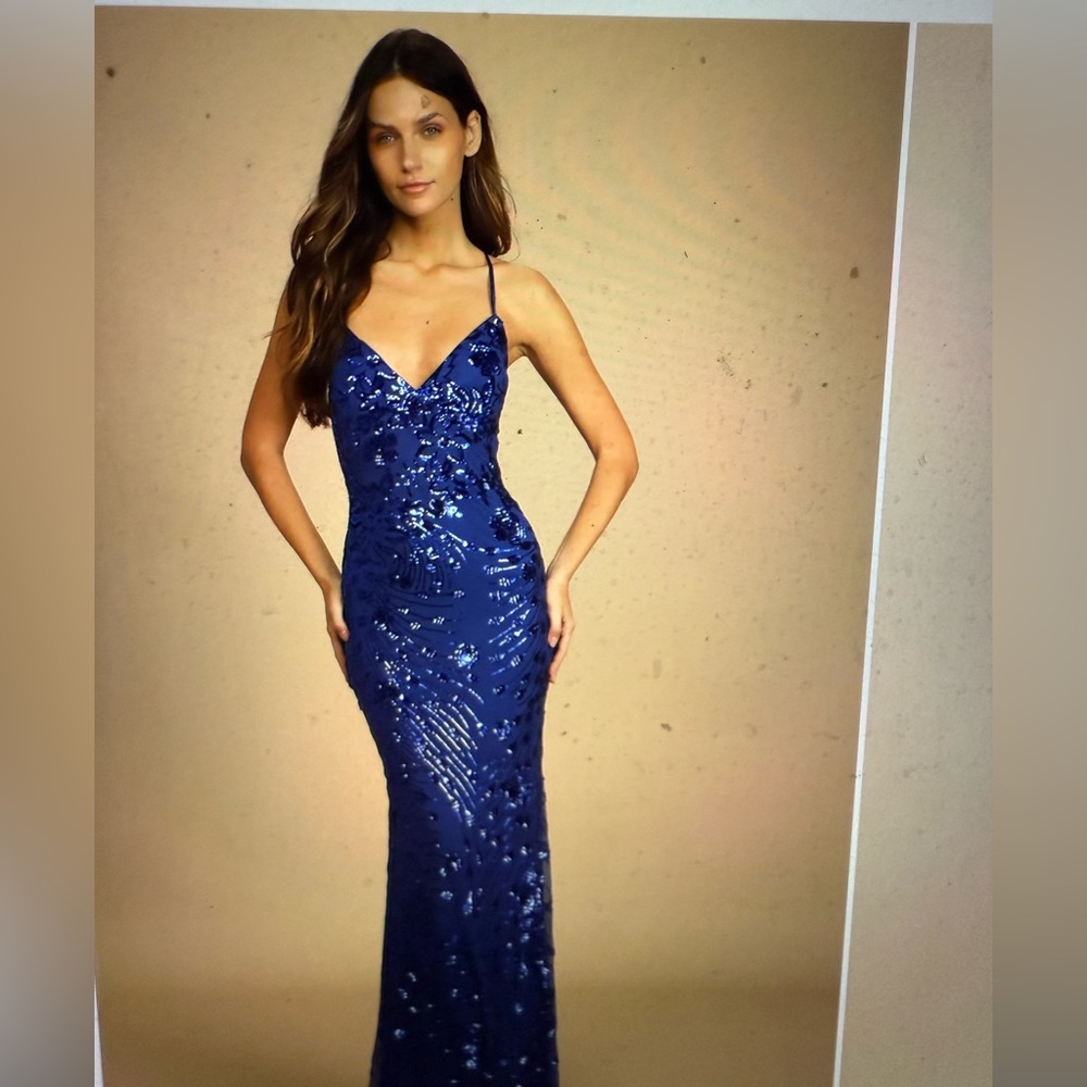 LULUS PHOTO FINISH ROYAL BLUE SEQUIN LACE-UP MAXI DRESS - M preowned